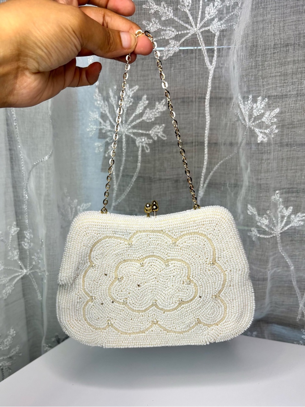 Vintage Pearl-Beaded Evening Clutch W/ Gold Chain Handle Hand Made In Japan